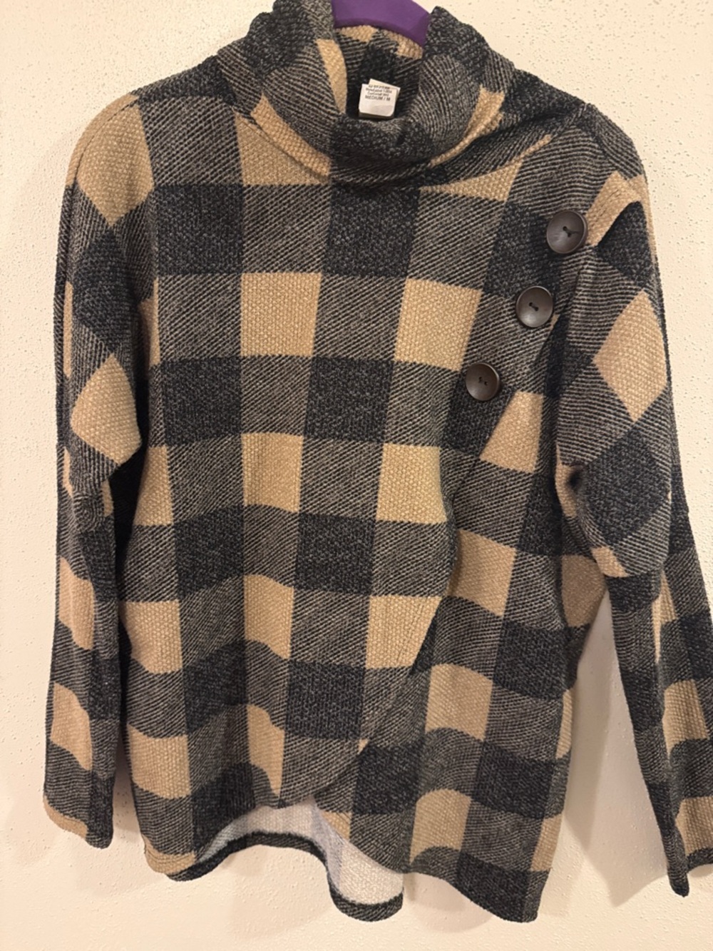 Womens Black and Tan Buffalo Plaid Button-Shoulder Knit Sweater
